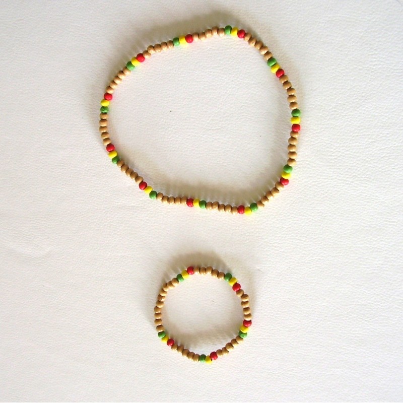 Ensemble ( collier + bracelet)  perles marrons et rouges jaune vert
