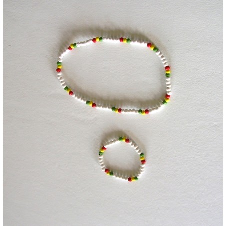 Ensemble collier bracelet perles blanches rouge jaune vert